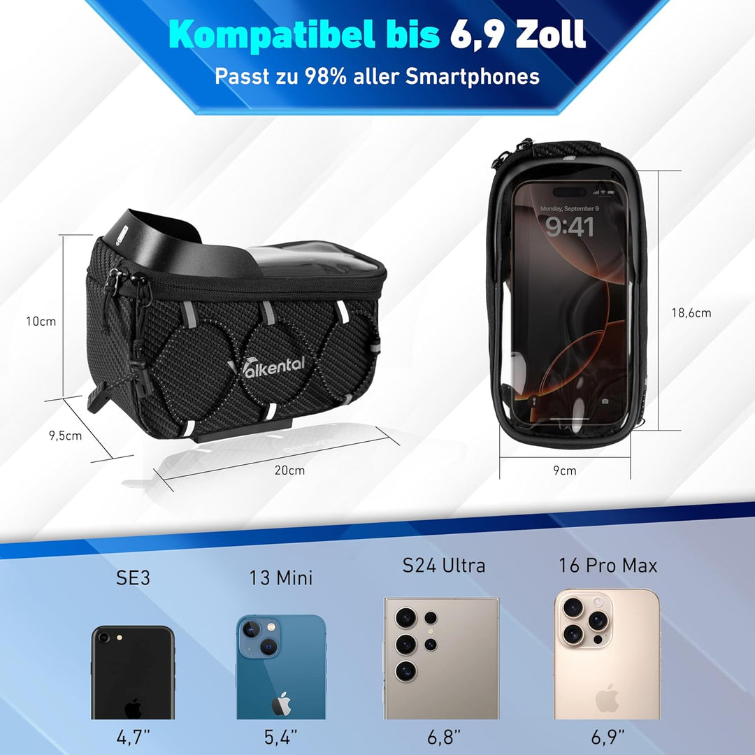 Valkental® Fahrrad Rahmentasche [Innovativer Adapter] Wasserfeste Oberrohrtasche mit Schnellspanner