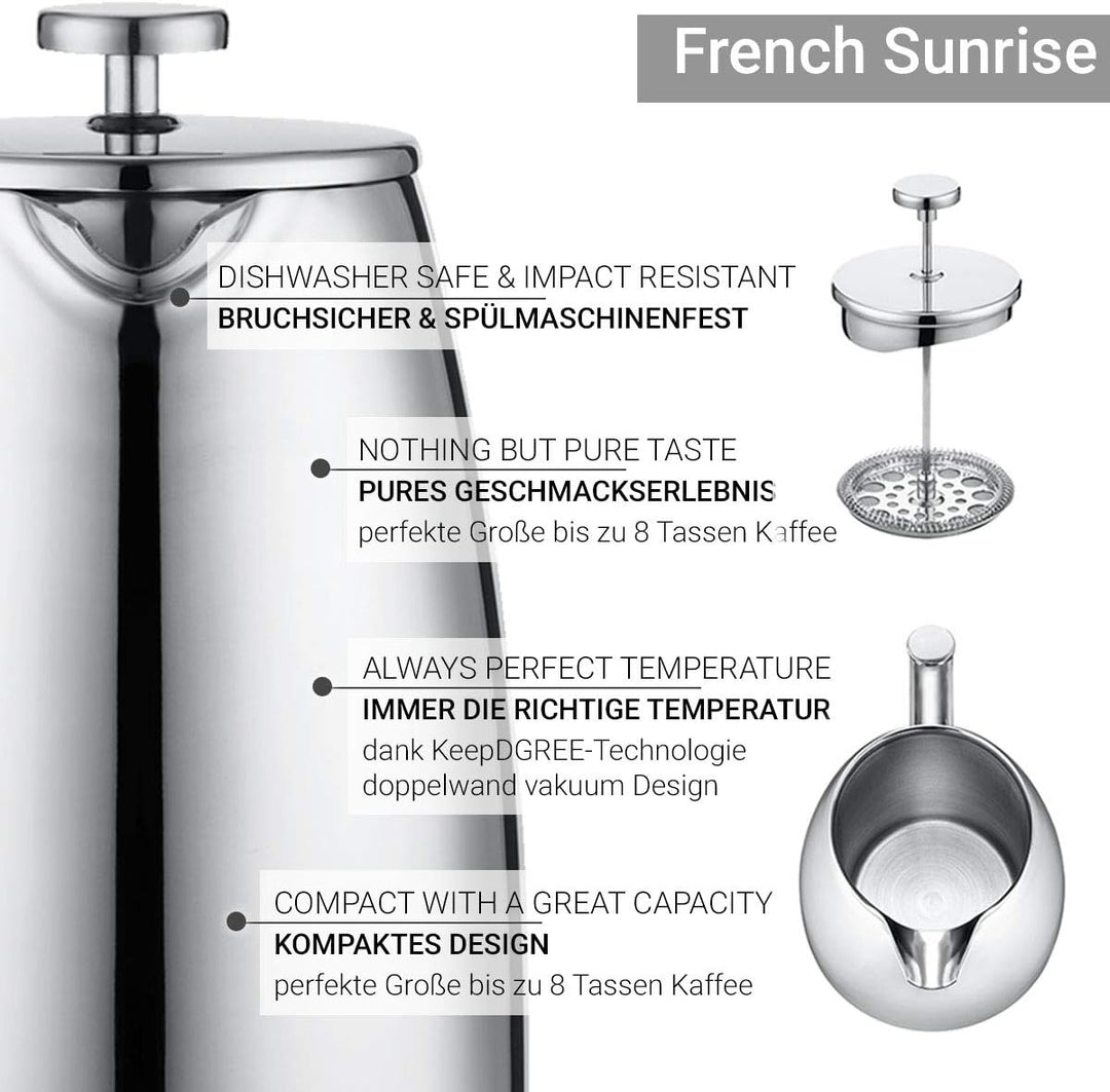 720°DGREE Edelstahl French Press “Sunrise“ - 0,25l bis 1Liter - BPA-Frei - Kaffeebereiter, Pressstem