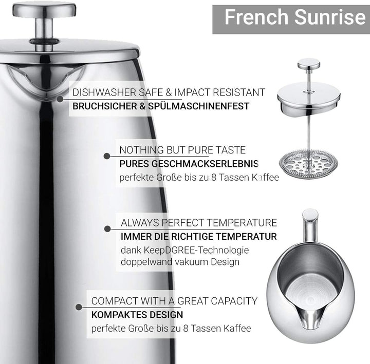 720°DGREE Edelstahl French Press “Sunrise“ - 0,25l bis 1Liter - BPA-Frei - Kaffeebereiter, Pressstem