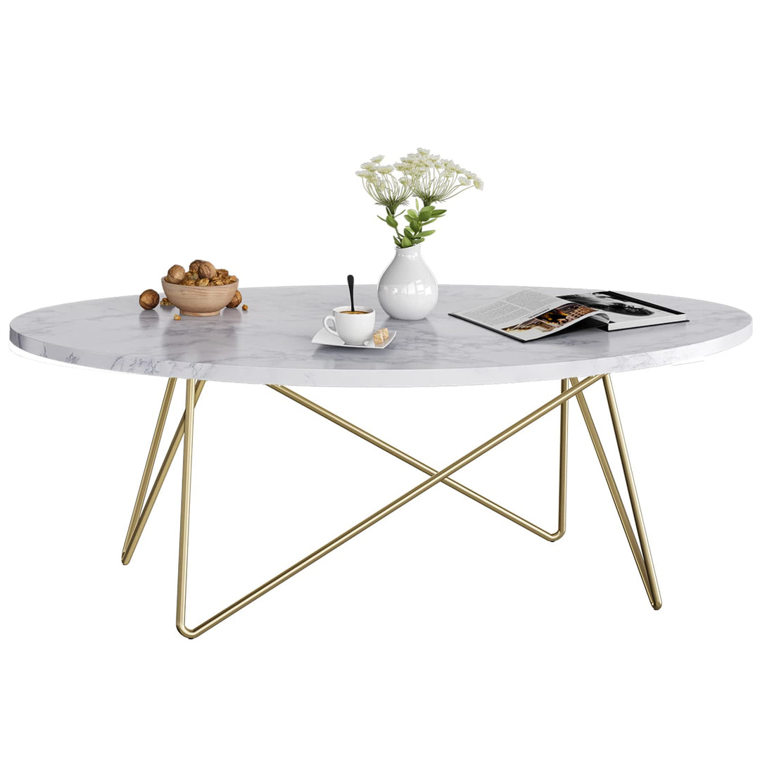 FirFurd Couchtisch Marmor Optik Beistelltisch Gold Sofatisch Oval Kaffeetisch für Wohnzimmer Schlafz
