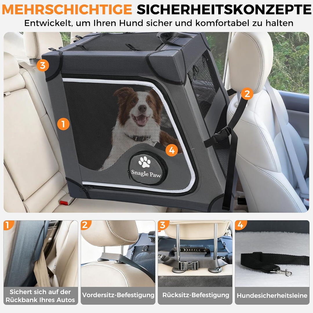 Snagle Paw Faltbare Transportbox,Stabiler Transportbox Hund Rückbank mit Kopfstützen-Gurt, Metallrah