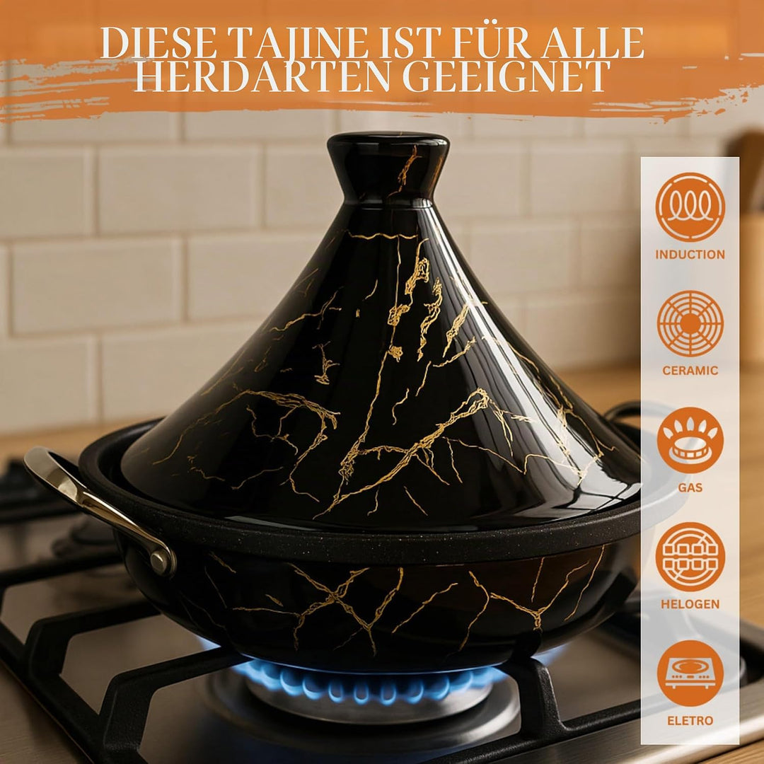 Royal Swiss Tajine 38 cm – Edelstahl mit Keramikdeckel & Dampfventil, Induktion & Alle Herdarten, En