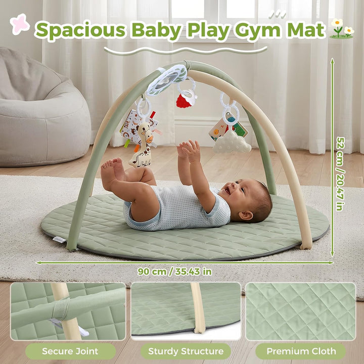 Baby-Spielmatte, Spielbogen mit Spielzeug, Spiegel und Stoffbuch – Boden-Spieldecke (Ø 90 cm) mit ab