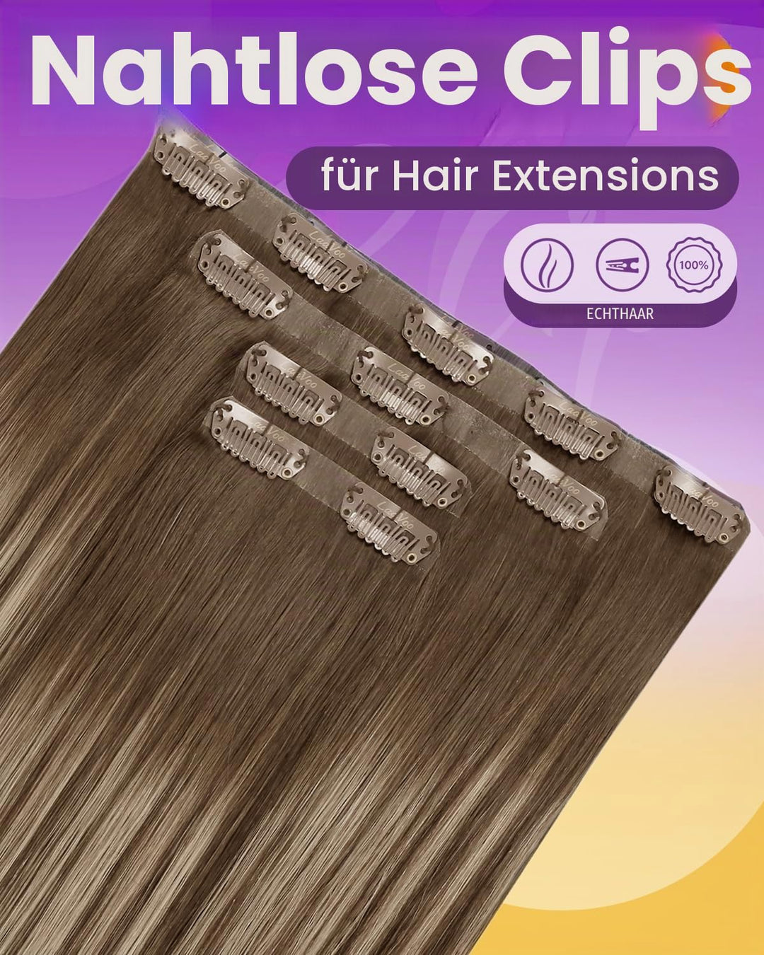 LaaVoo Invisible Clip in Extensions Braun Balayage 55cm Lang Echthaar Clips Extensions Ombre Hellblo