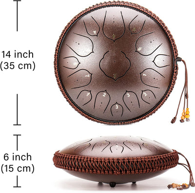 Amkoskr Stahlzungentrommel, 14 Zoll 35 cm Steel Tongue Drum, D-Dur 15 Noten, Handtrommel HandPan Dru