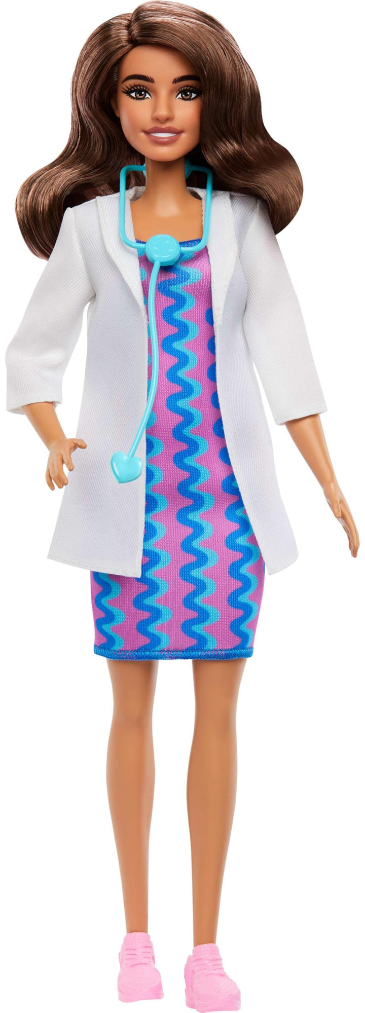 Barbie Karriere Ärztin-Modepuppe mit Abnehmbarer Kleidung, weissem Arztkittel, Kleid und Schuhen sow