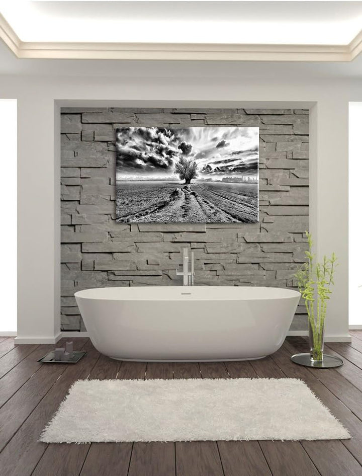 Pixxprint Monocrome, Pinkes Feld mit pinkem Baum, Format: 100x70 auf Leinwand, 100x70