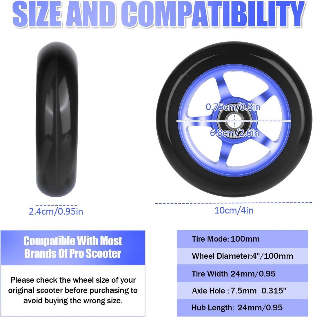 Stunt Scooter Rollen100mm, 2 Stück Stunt Scooter Räder Ersatzräder mit ABEC/ 9 Kugellager/Härtegrad