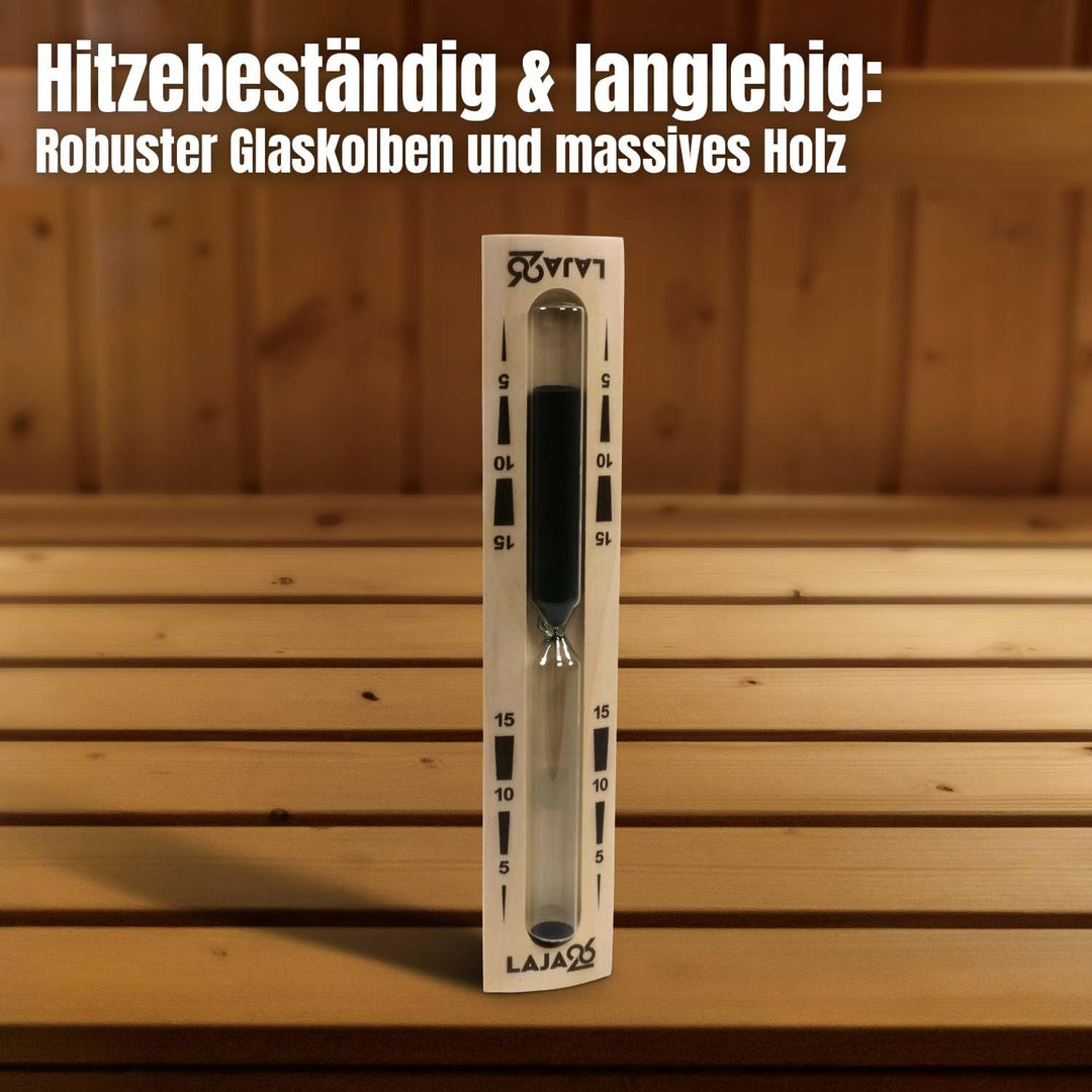 LaJa26 Sauna Sanduhr "Konvex" schwarzer Sand - FSC Espenholz - Drehgestell aus Holz zur Montage an d