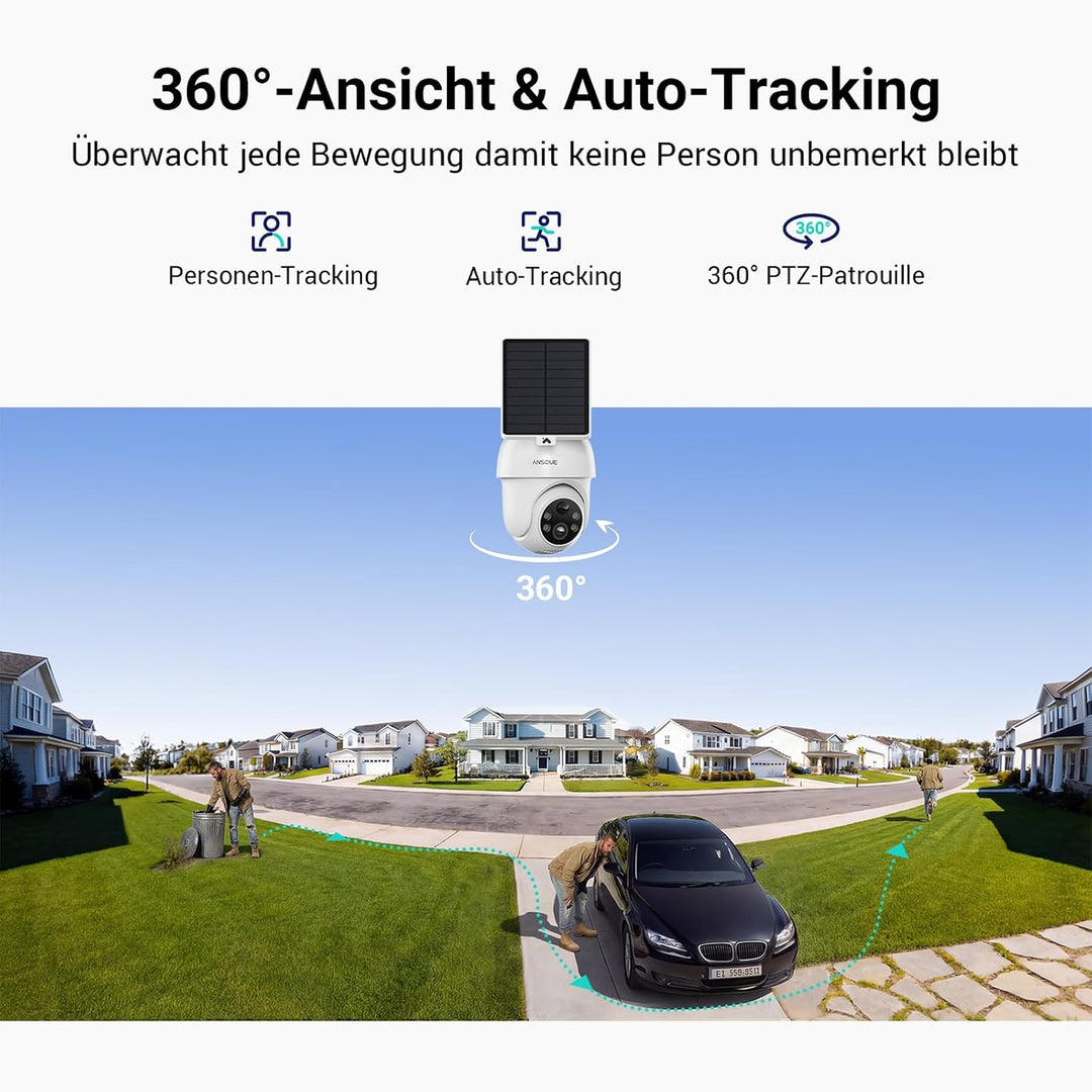 ANSQUE Überwachungskamera Aussen Solar Akku, 2er Set mit AnsqueBase, Ohne Abonnement, 32GB Lokalspei