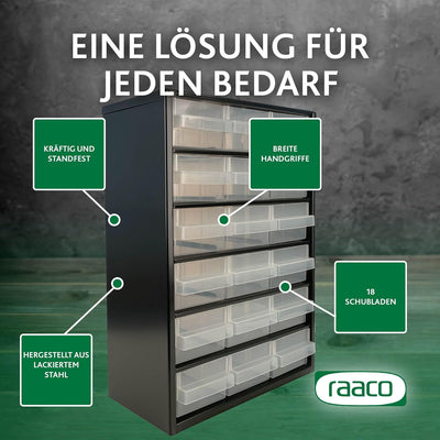 raaco Kleinteilemagazin C9-18, 20 kg Last, 15 x 30,6 x 42 cm, 18 Schubladen, beschichteter Stahl, ge