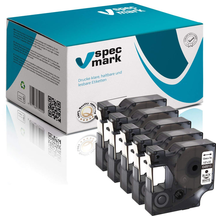 specmark Passend für DYMO D1 45013 S0720540 Schriftband 12mm x 7m Satz x 5 St. Schwarz auf Weiss Kom