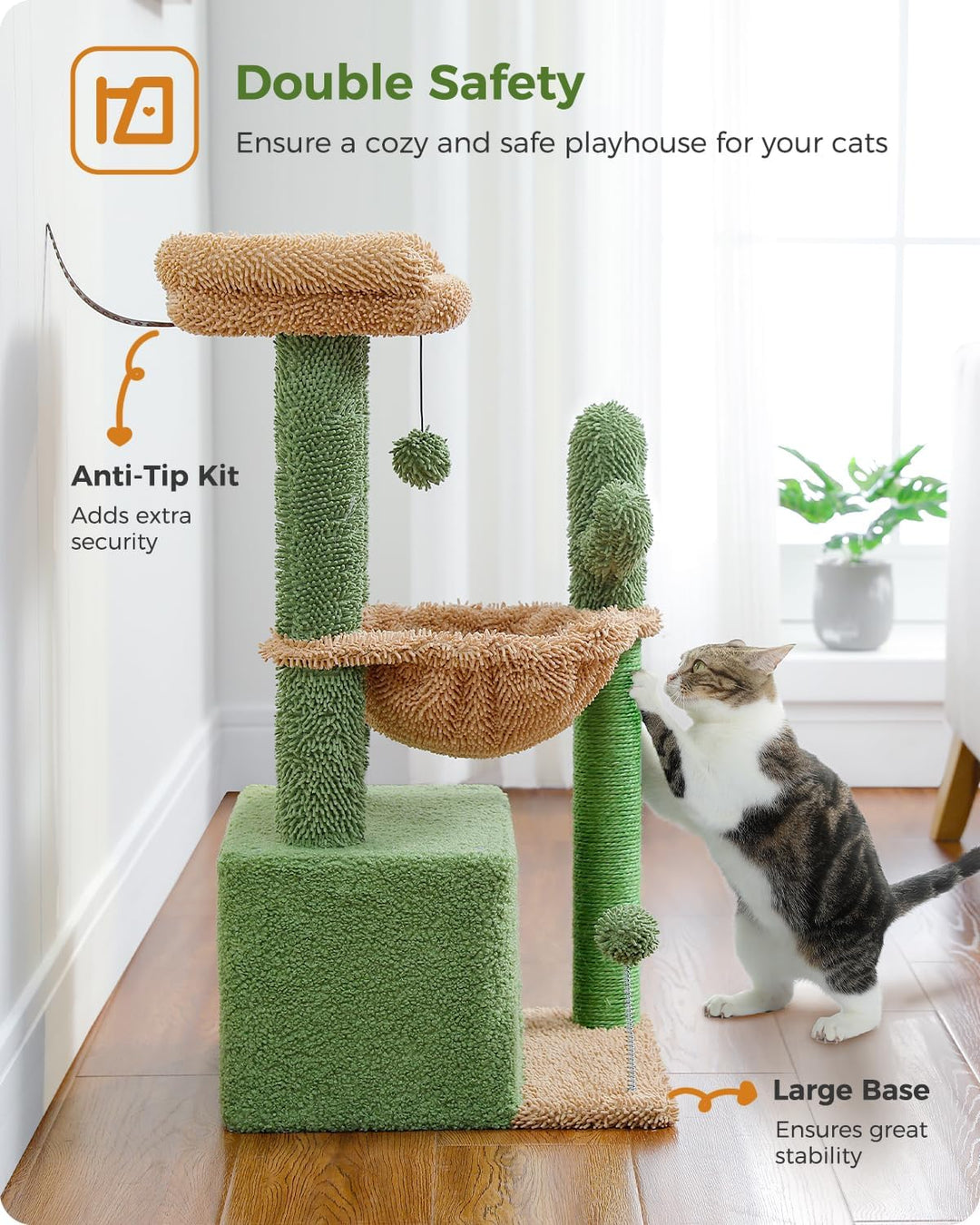 PAWZ Road Kaktus Katzenbaum für Indoor-Katzen mit Hängematte, Katzenturm mit Kratzbaum, grosser ober