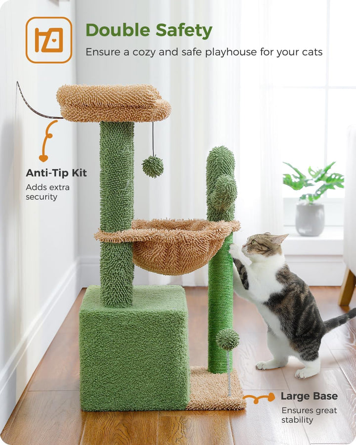 PAWZ Road Kaktus Katzenbaum für Indoor-Katzen mit Hängematte, Katzenturm mit Kratzbaum, grosser ober