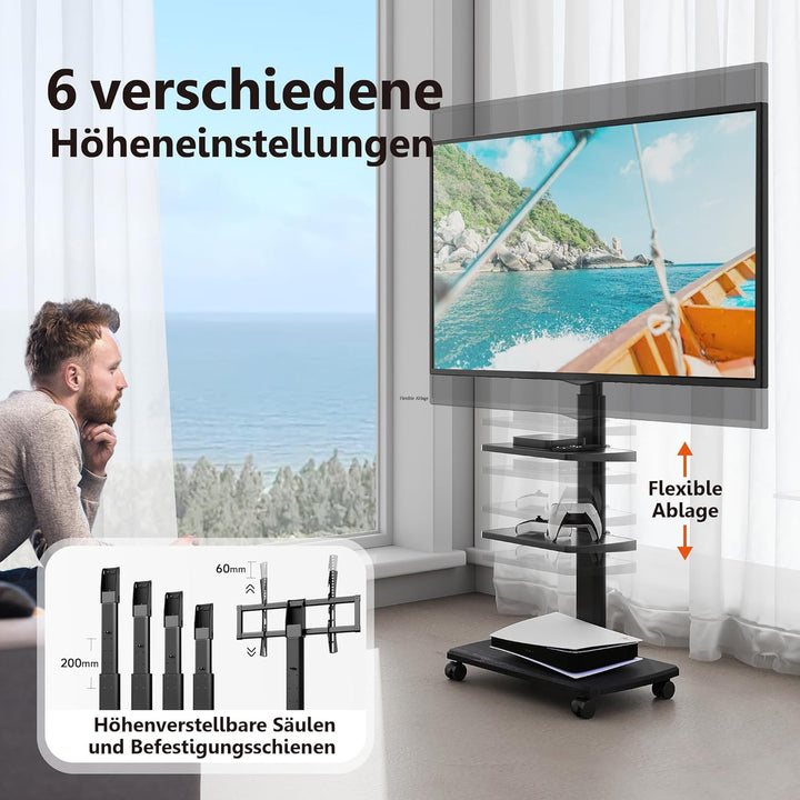 FITUEYES TV Bodenständer Rollbar mit 3 Ablagen TV Standfuss TV Ständer Fernsehstand mit Rollen höhen