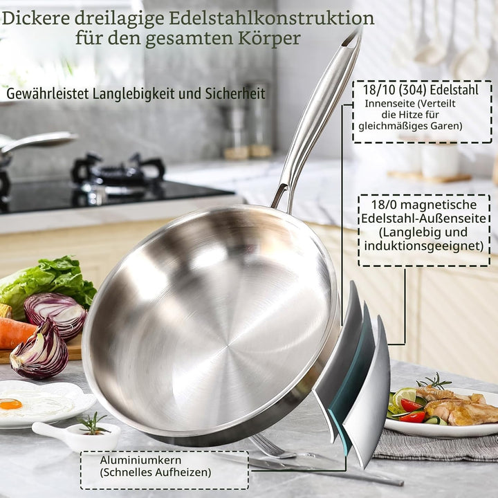 Dreilagige Edelstahl Bratpfanne mit Deckel 30cm,Edelstahlpfanne Unbeschichtet,Induktions Pfanne,Hoch