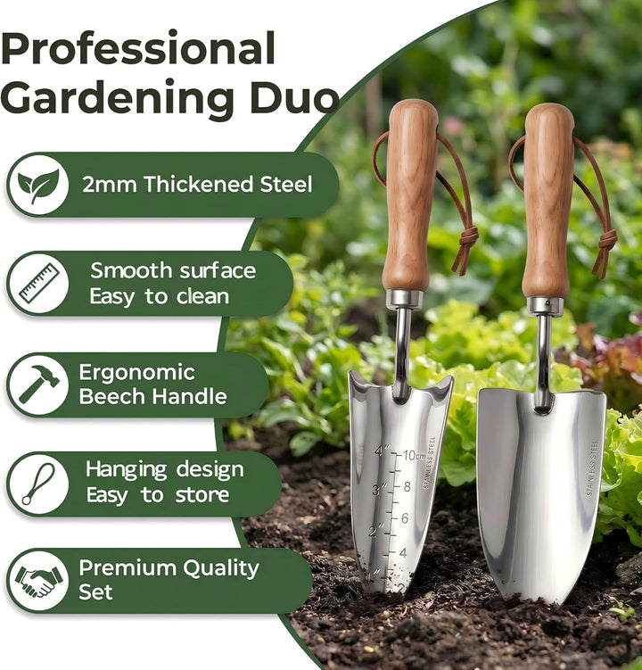 2er Gartenwerkzeug-Set Edelstahl Breiter Gartenschaufel (33x8cm) x1 und Schmaler Pflanzschaufel Mit