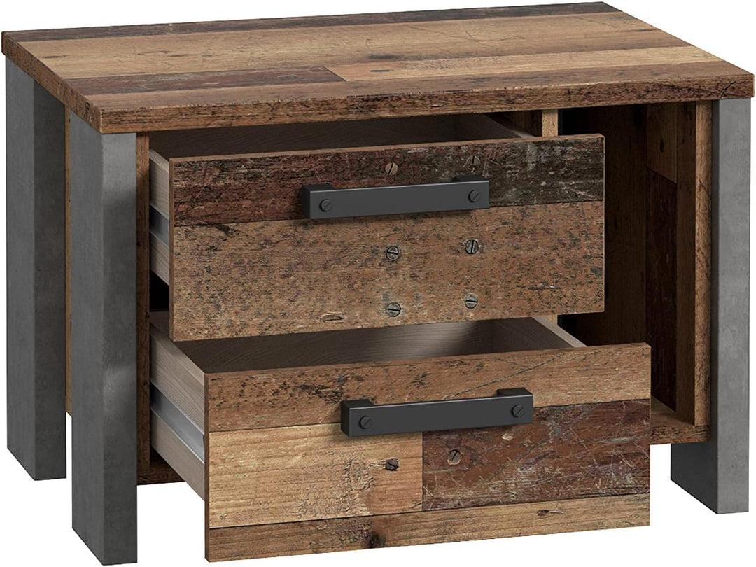 FORTE Clif Nachttisch mit 2 Schubladen, Holzwerkstoff, Old – Wood Vintage/ Betonoptik Dunkelgrau, 62
