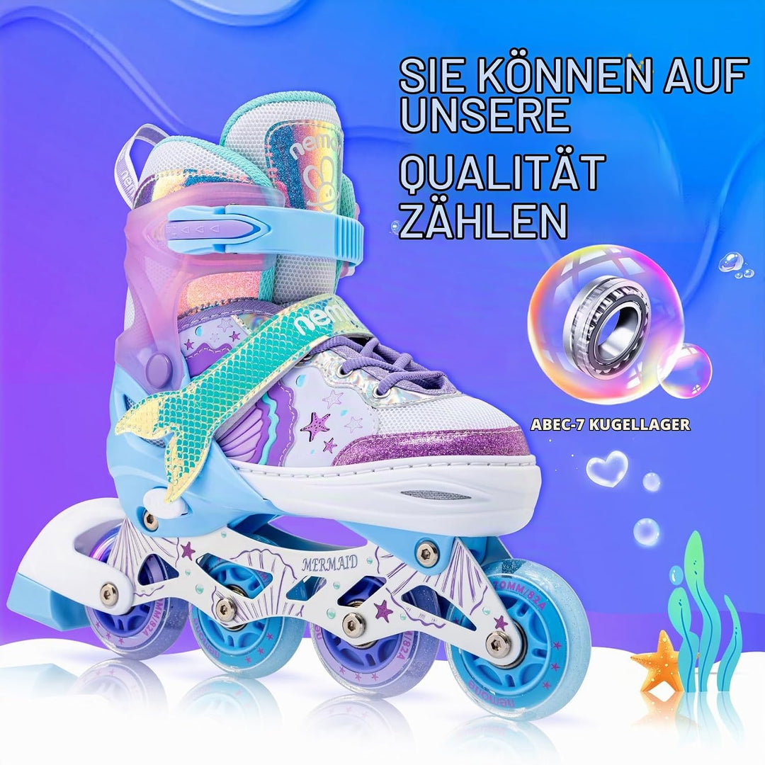 NEMONE Inliner für Mädchen Kinder 4 Grössen Verstellbar Blau Violett Inliner für Kinder Drinnen Drau