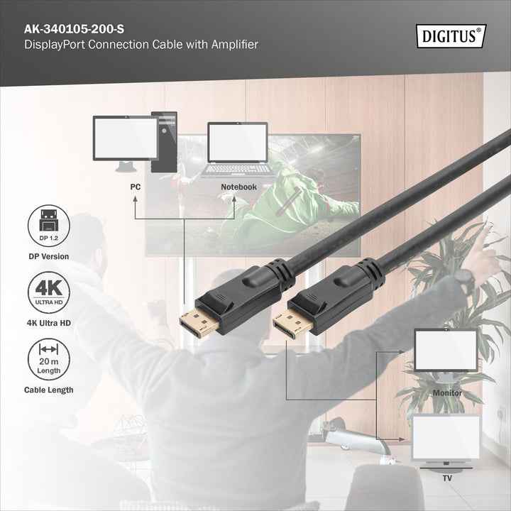 DIGITUS DisplayPort-Kabel mit Verstärker - UHD 4K/60Hz - 20m - Verriegelung - Displayport 1.2 - Komp