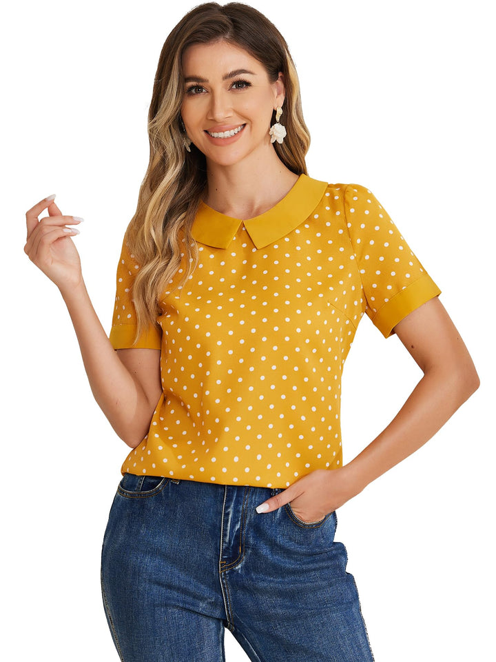 Allegra K Damen Kurzarm Bubikragen Punkte Oberteil Vintage Polka Dots Elegant Top Bluse XS Gelb, XS