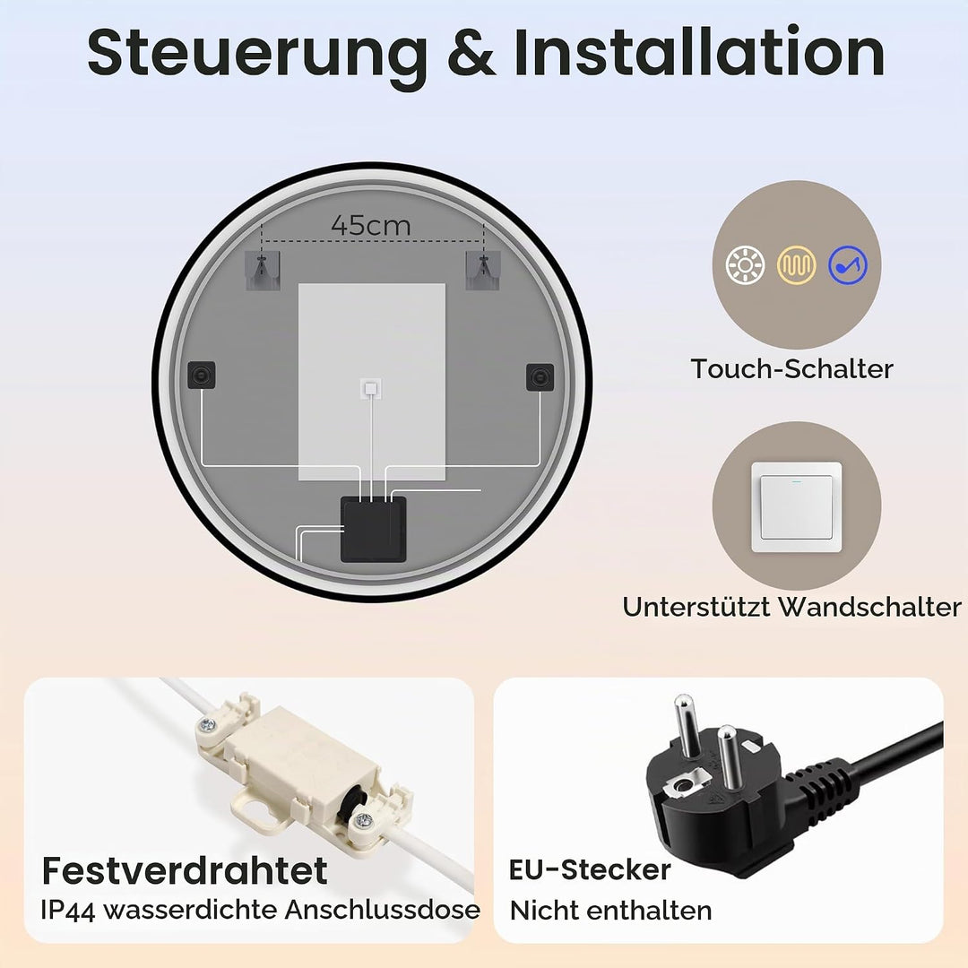 STARLEAD Badspiegel-Rund-mit-Beleuchtung 90cm Diameter, LED-Spiegel-Rund mit Bluetooth, Dimmbar, 3 L
