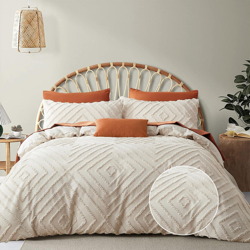 Freyamy Böhmen Bettwäsche 200x220cm 3teilig Beige Getuftet Kariert Boho Bettwäsche Stickerei Shabby