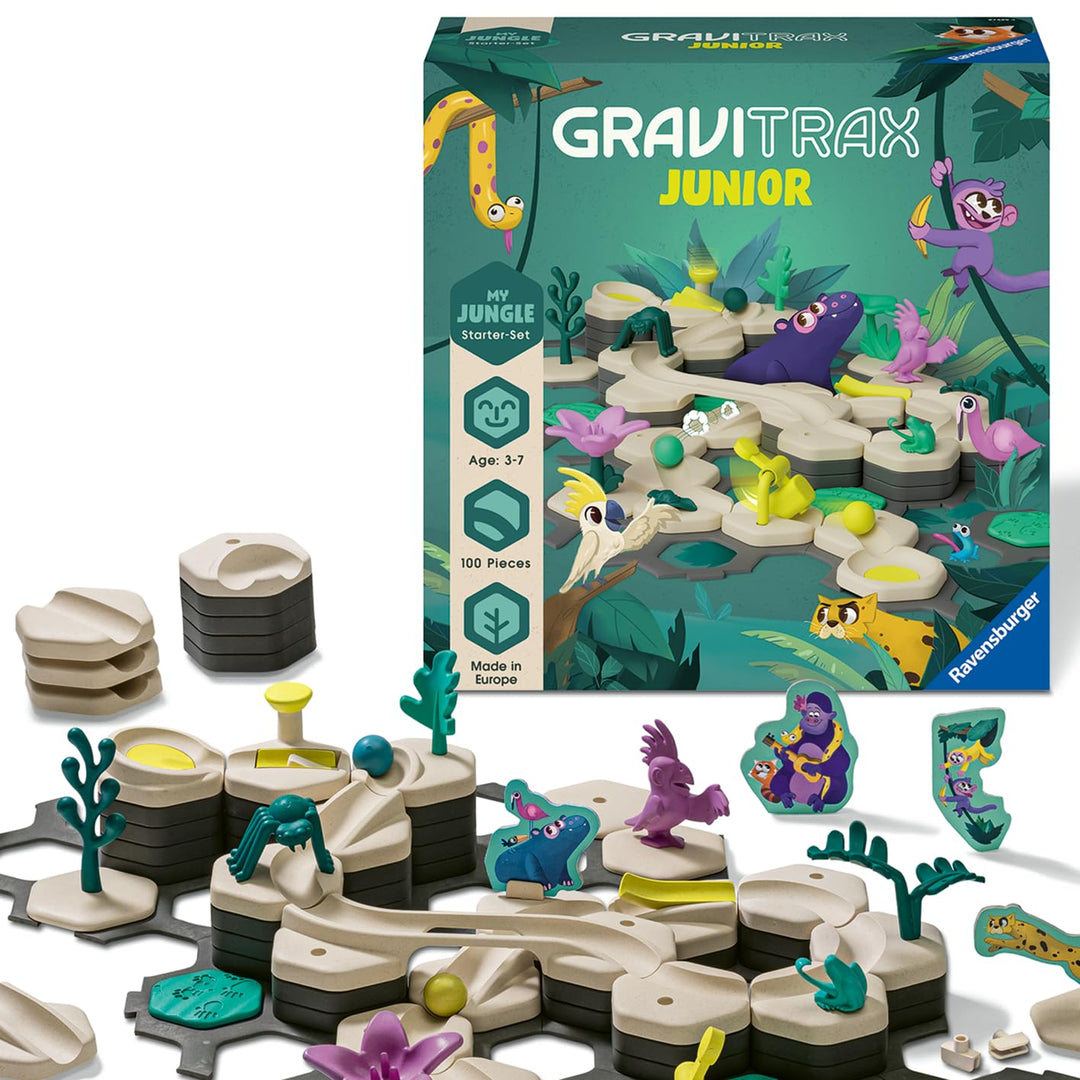 Ravensburger GraviTrax Junior Starter-Set L Jungle -Erweiterbare Kugelbahn für Kinder, Murmelbahn üb