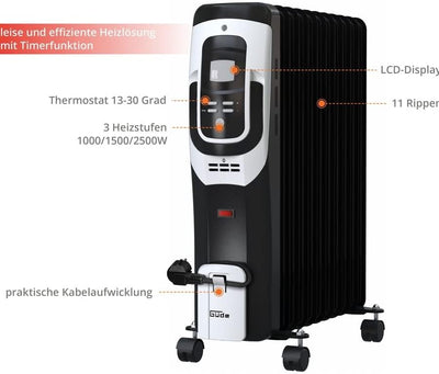 Güde Ölradiator OR 2500-11 DT (2500 W, 3 Heizstufen: 1000/1500/2500 W, 11 Rippen, LCD-Display, Kipp-