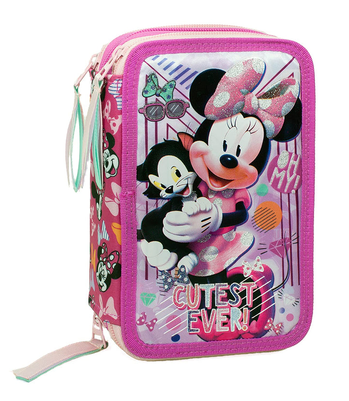 L'ERBAVOGLIO Federmäppchen für Schule, 3 Reissverschluss, komplett mit 44 Stück, Minnie (Rosa/Fuchsi