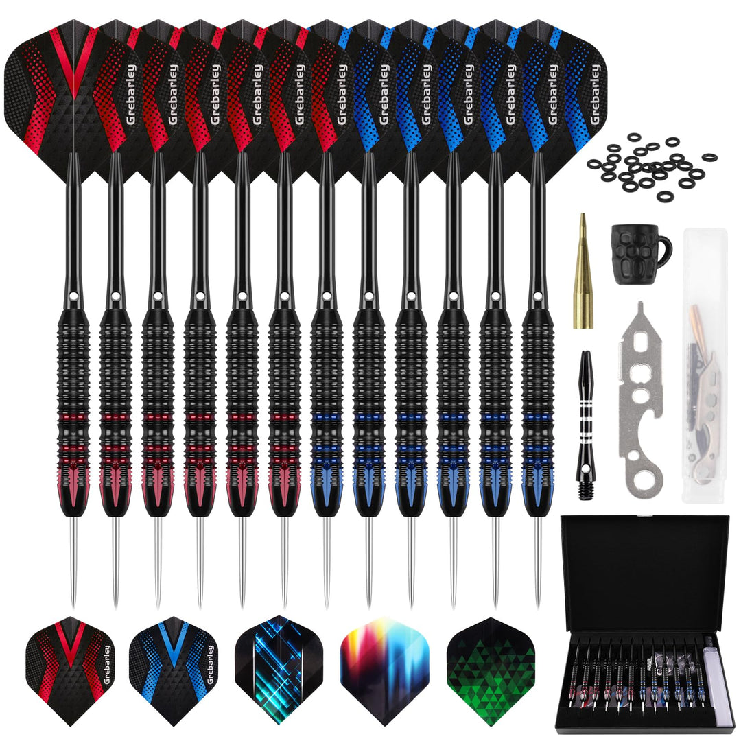 Grebarley Dartpfeile mit Metallspitze,12 Stück Profi Steeldarts 18 Aluminium Schaft mit 9 Flights 20