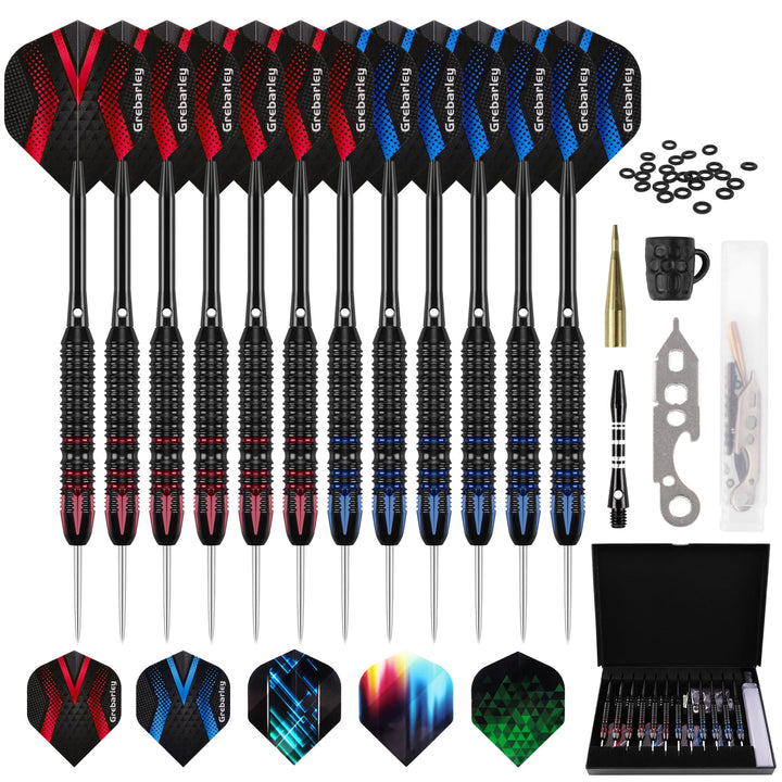 Grebarley Dartpfeile mit Metallspitze,12 Stück Profi Steeldarts 18 Aluminium Schaft mit 9 Flights 20