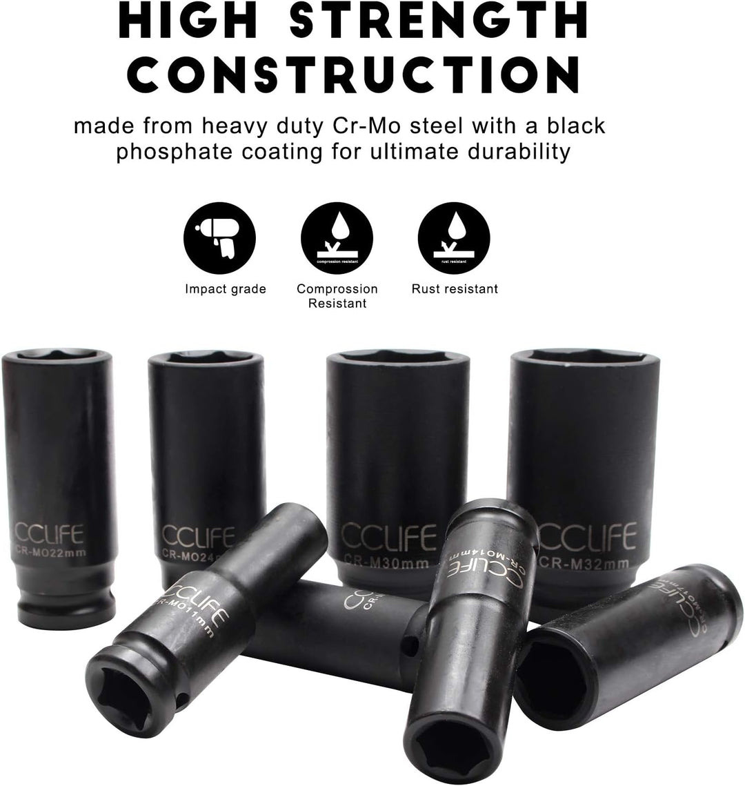 CCLIFE 16tlg 1/2' Schlagschrauber Nüsse Set, 10-32mm Cr-Mo Sechskant Kraft Nuss Steckschlüssel Schla