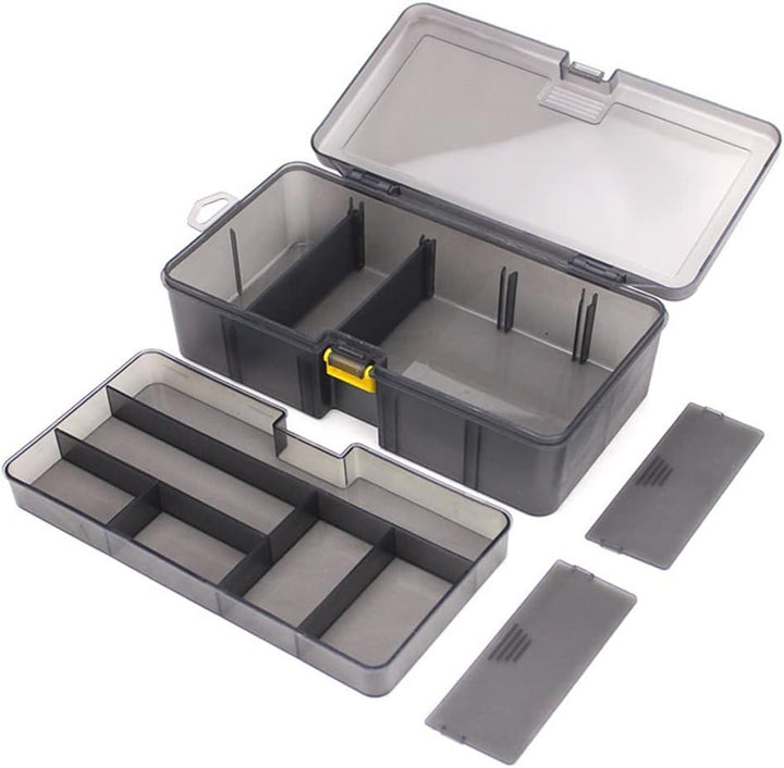 Köderausrüstungsbox, doppellagiges Angelzubehör, verstellbare Kunstköderhaken-Box zum Angeln, 21,5 x
