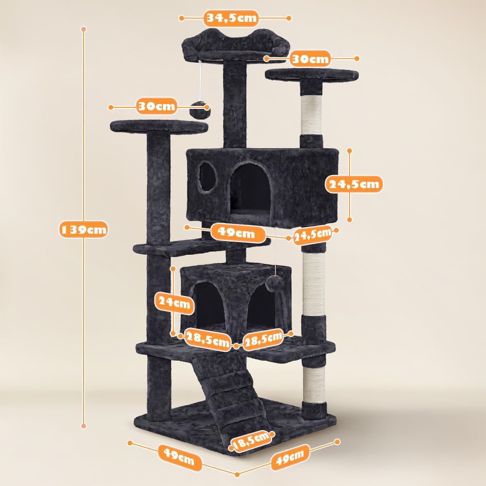 Yaheetech Kratzbaum Kletterbaum 139 cm hoch Katzenkratzbaum, Stabiler Katzenbaum mit 3 Plattformen,