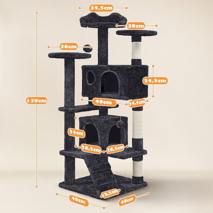 Yaheetech Kratzbaum Kletterbaum 139 cm hoch Katzenkratzbaum, Stabiler Katzenbaum mit 3 Plattformen,