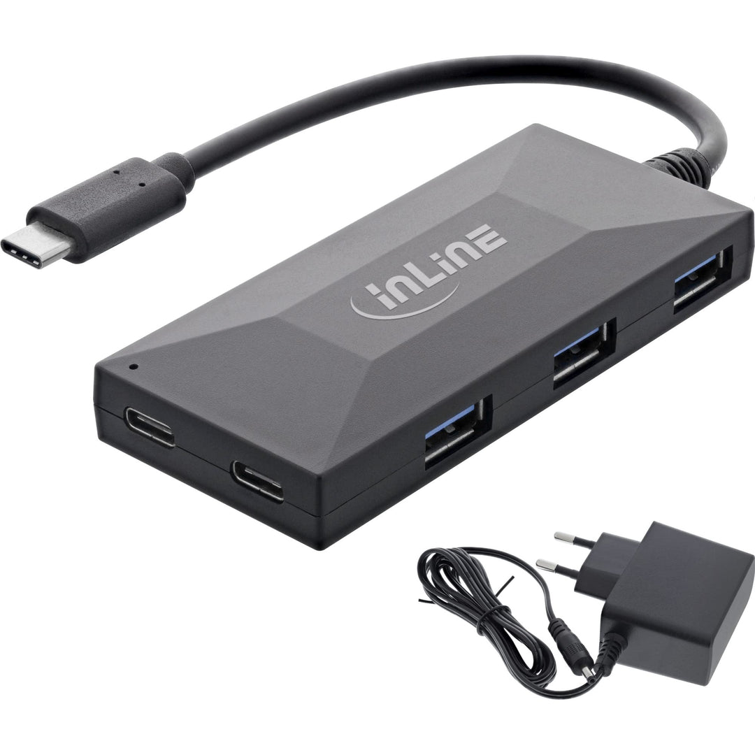 InLine® USB 3.2 Gen 1 OTG Hub, USB Typ-C zu 3 Port Typ-A und 2 Port Typ-C, mit 3A Netzteil, schwarz
