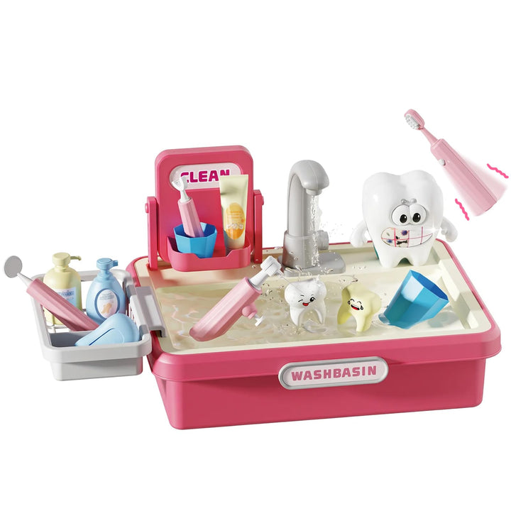 Waschbecken Kinder mit Wasserfunktion, Spielzeug Zähne, Zahnbürsten, Rosa, Rosa
