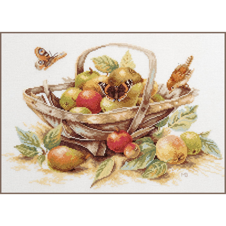 LANARTE PN Zählmusterpackung Korb mit Äpfeln Kreuzstichpackung, Baumwolle, Mehrfarbig, 39 x 29 x 0.3