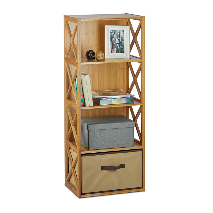 Relaxdays Regal Bambus mit Korb, 4 Ablagen, Holz Standregal, Badregal, Faltbox, HxBxT: 105 x 42 x 29