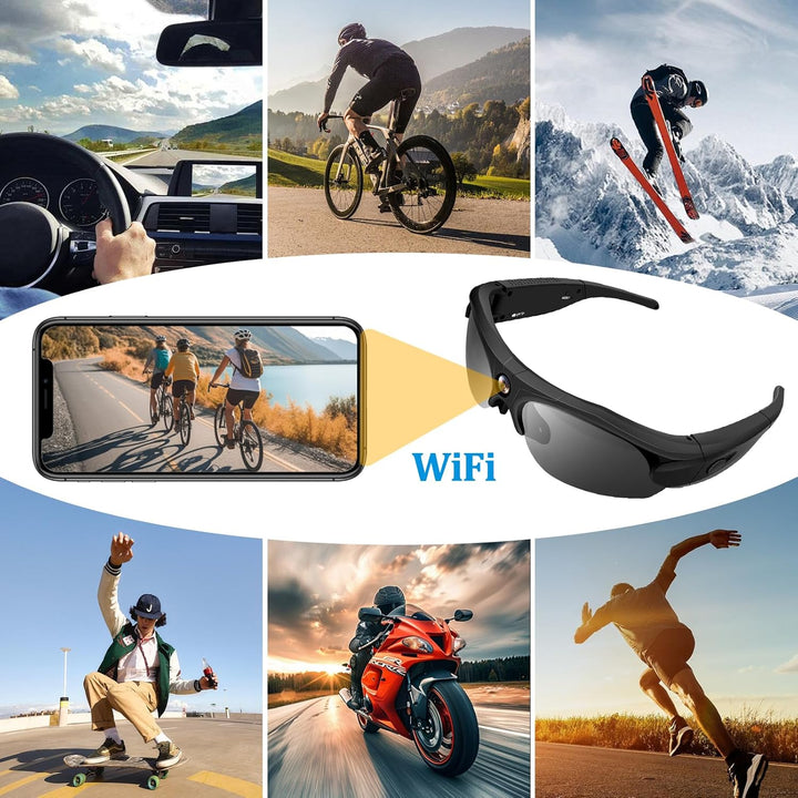 Action-Cam, WiFi 4K & 120° Weitwinkel Brille mit Kamera, Polarisierte Objektive & 100-Min Batterie &