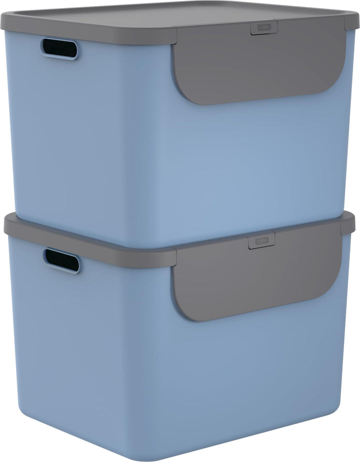 Rotho Albula Mülleimer Küche 2er-Set 2 x 55 L mit Deckel stapelbar Blau | Mülleimer 2 Fächer, Müllei