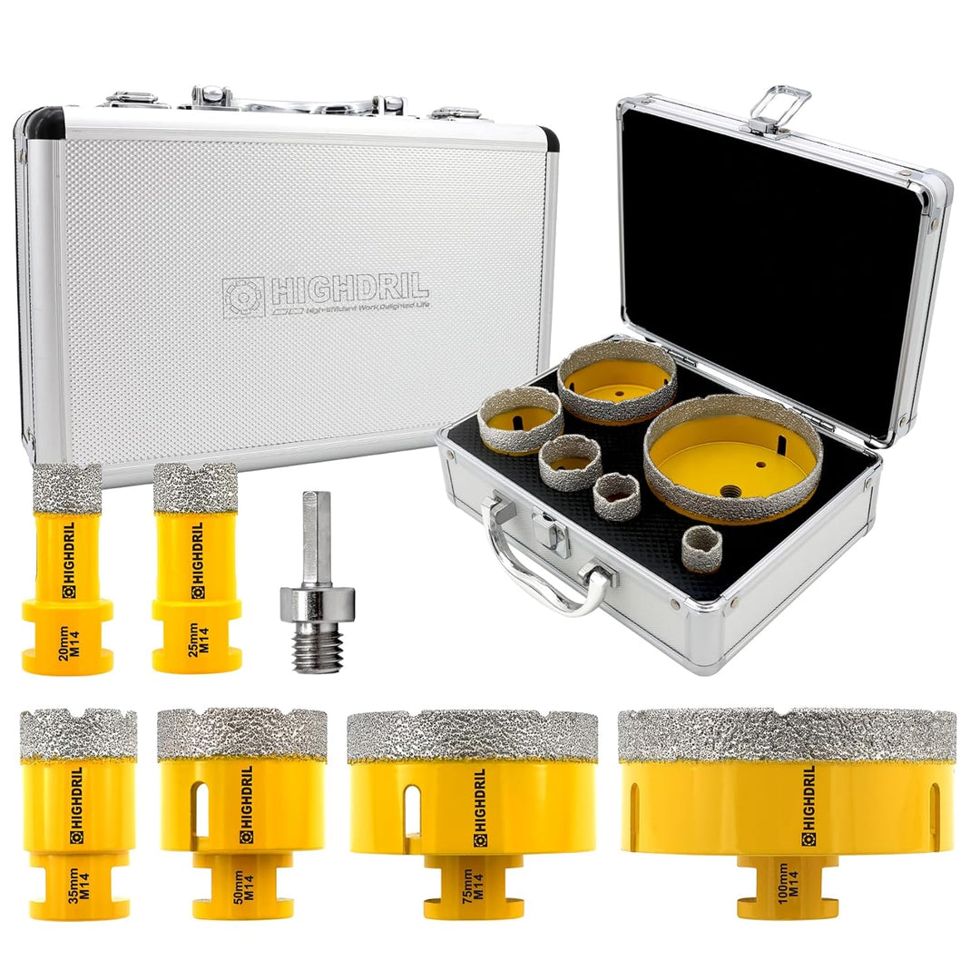 HIGHDRIL Fliesenbohrer Diamantbohrer Set 7 tlg - 20/25/35/50/75/100mm Lochsägen+Adapter für Porzella