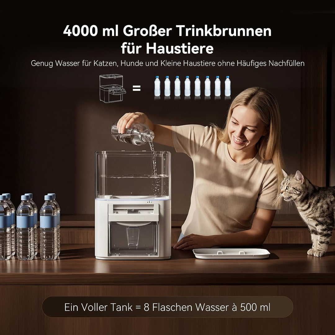 Katzenbrunnen mit Abwasserseparation &amp; ohne Filterwatte, Haustierwasserautomat mit 4000mAh &amp; 4L Gros