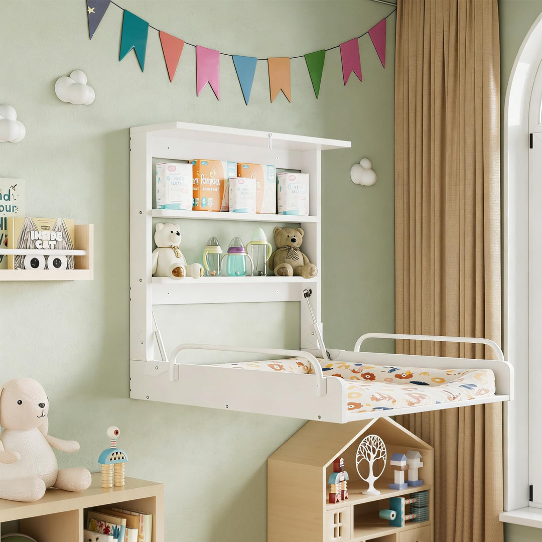MSFE Wickelkommode Wickeltisch Klappbar, Baby Changing Table Wandwickeltisch mit 3 Regalfächern, Wic