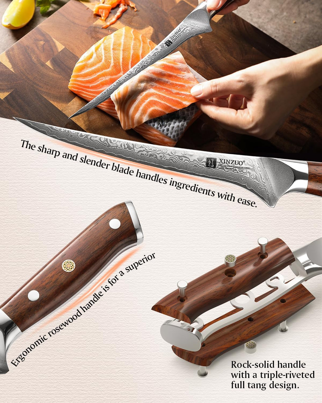 XINZUO Damaststahl 18cm Filetiermesser, 67 Schichten Damastmesser Fischmesser Profi Kochmesser, Dama