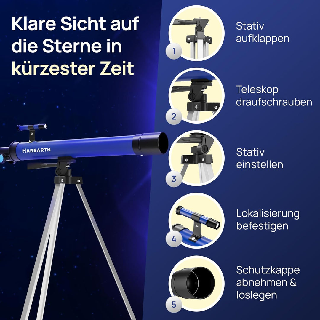 HARBARTH Teleskop Linsenteleskop + Okulare - Ideal für Erwachsene & Junge Astronomen - Fernrohr, Tel