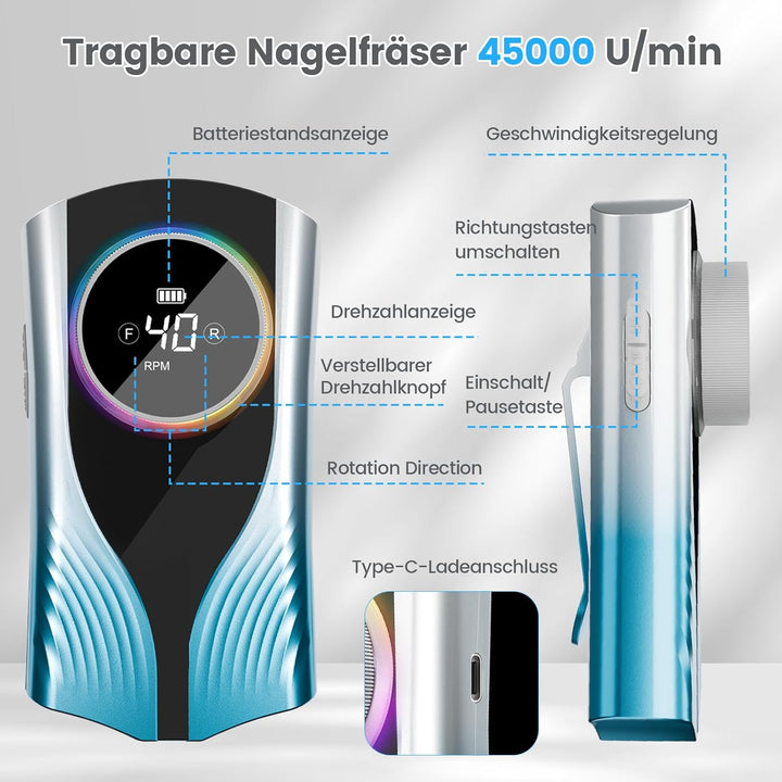 Elektrische Nagelfräser mit LCD-Display, 35000 U/min Tragbar Nagelfeile für Acryl und Gelnägel, Gerä