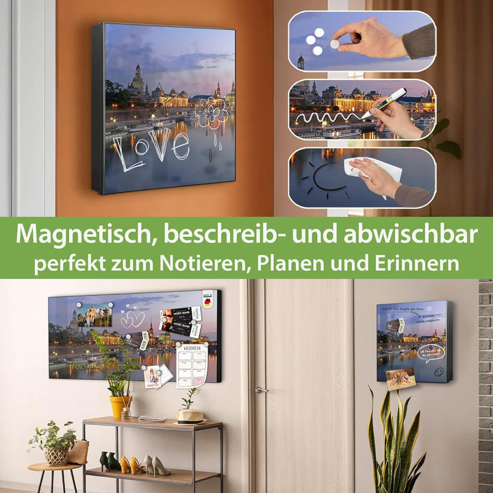banjado® Grosser Schlüsselkasten Glas/Schlüsselbox 30cm x 30cm mit 50 Haken - Motiv Dresden/Schlüsse