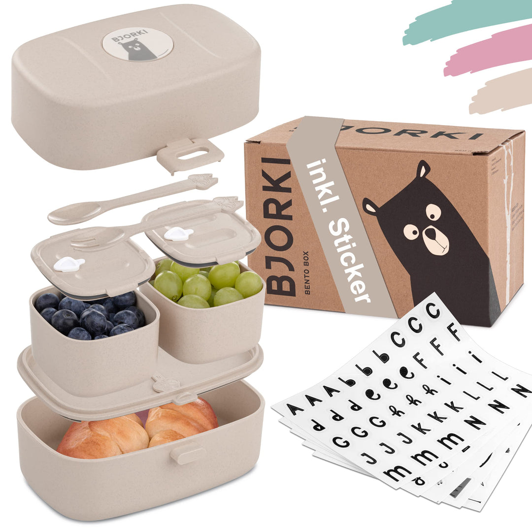 BJORKI® Bento Box für Kinder inkl. BONUS Namensticker - Auslaufsichere Lunchbox mit Fächern - Nachha